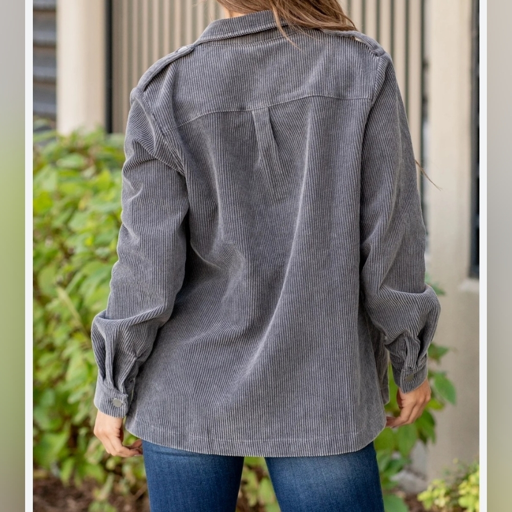 BiBi Corduroy Button Down Jacket - Charcoal Color